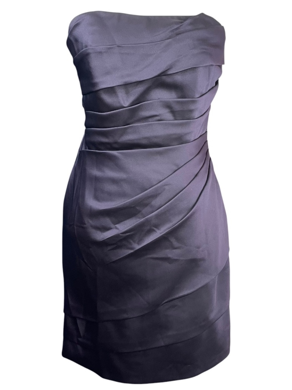 David's Bridal Strapless Dress NEW 6 Purple Navy Satin Gathered Asymmetrical